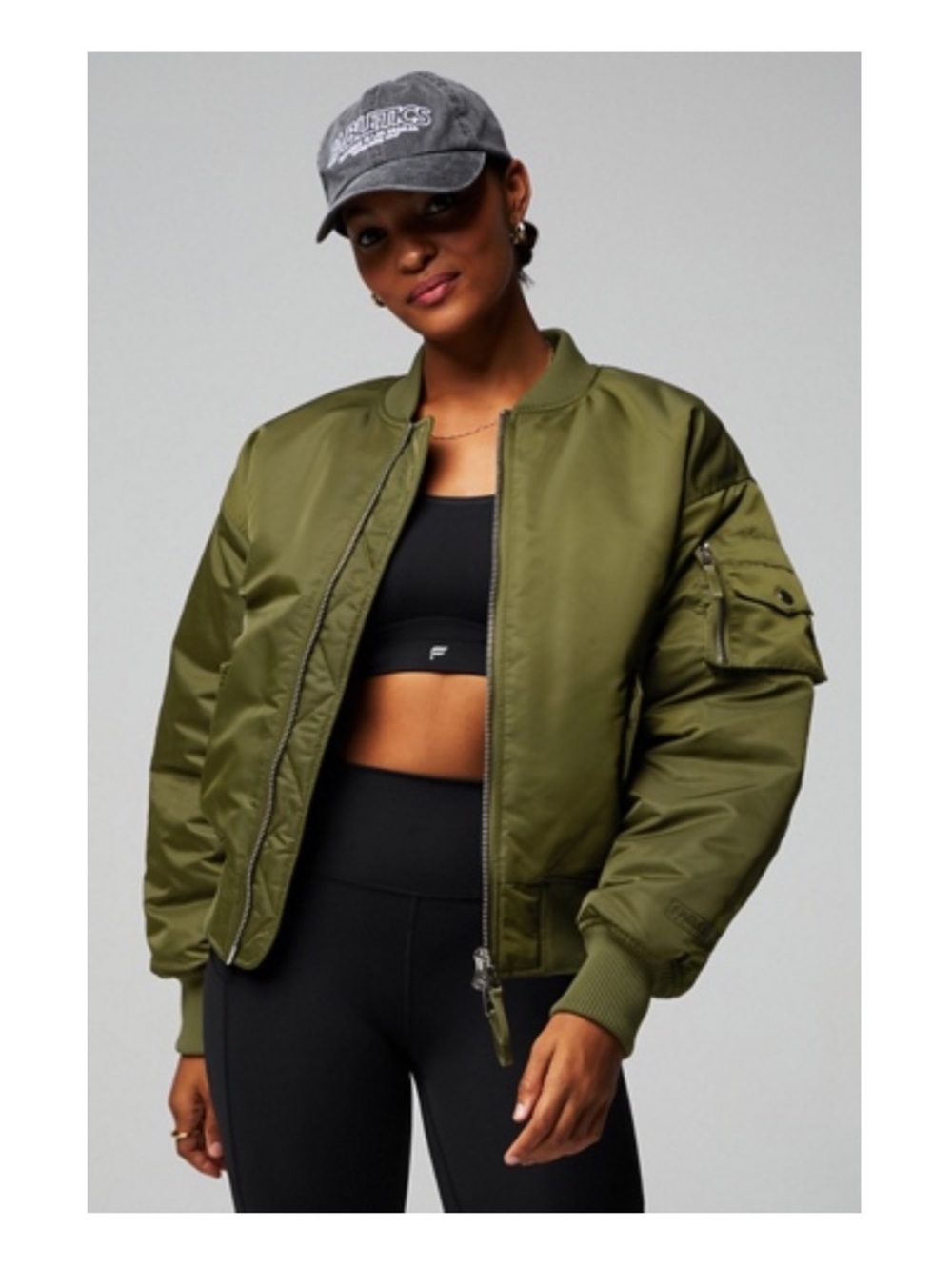 Fabletics Iconic Olive Green Bomber Jacket Oversized